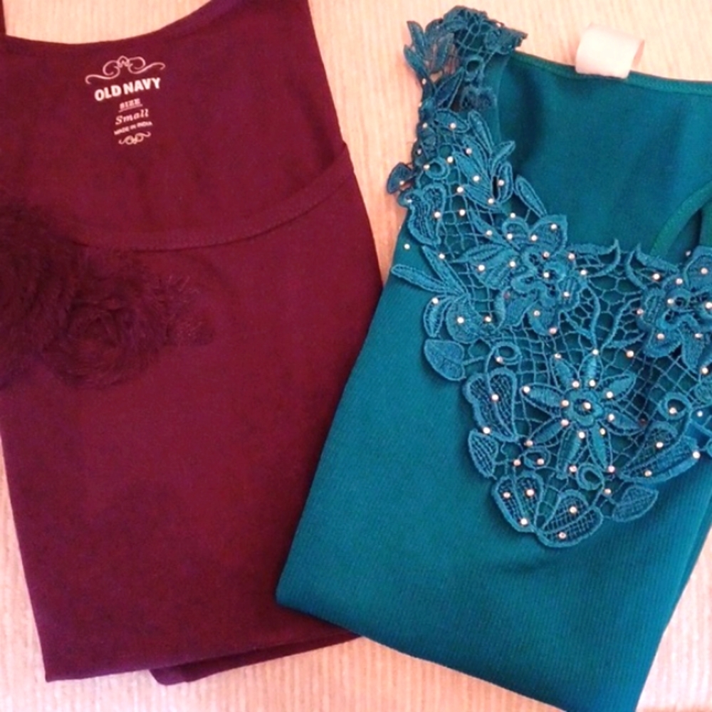 Sleeveless Tee's/2fers Sz Sml burgundy/ Turquoise...both w/ embellishment